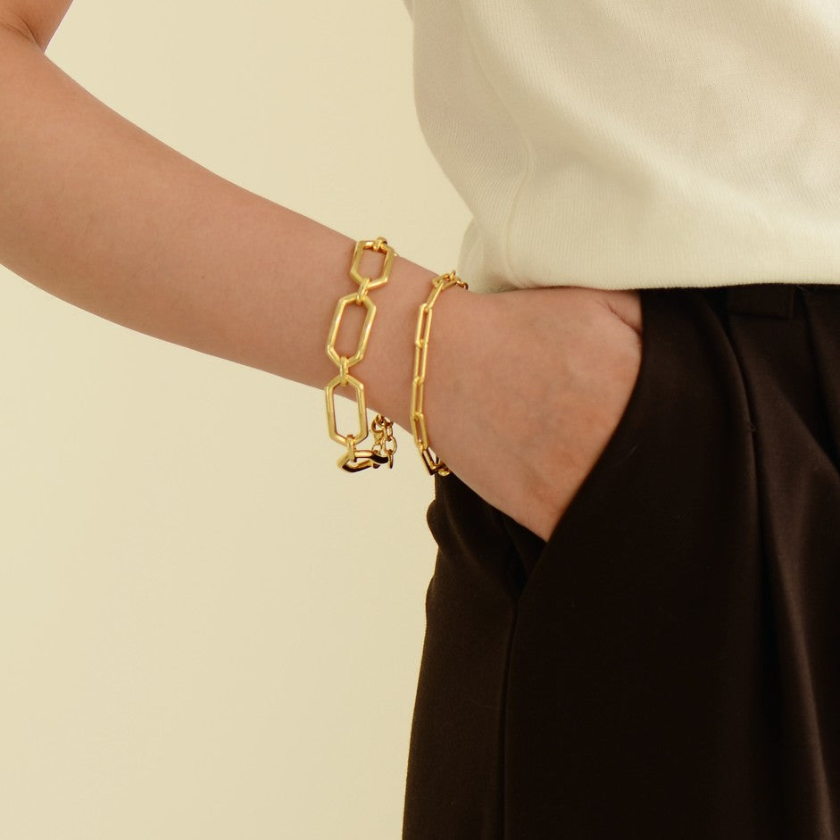 Long Icon Link Bracelet_Gold plated Bold Bands Hexagon link bracelet 18k gold plated silver Gisser Jewels