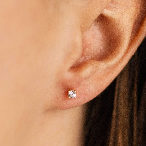 Gisser Jewels Gold Plated Silver Ear Studs with Round Zirconia Stone-2