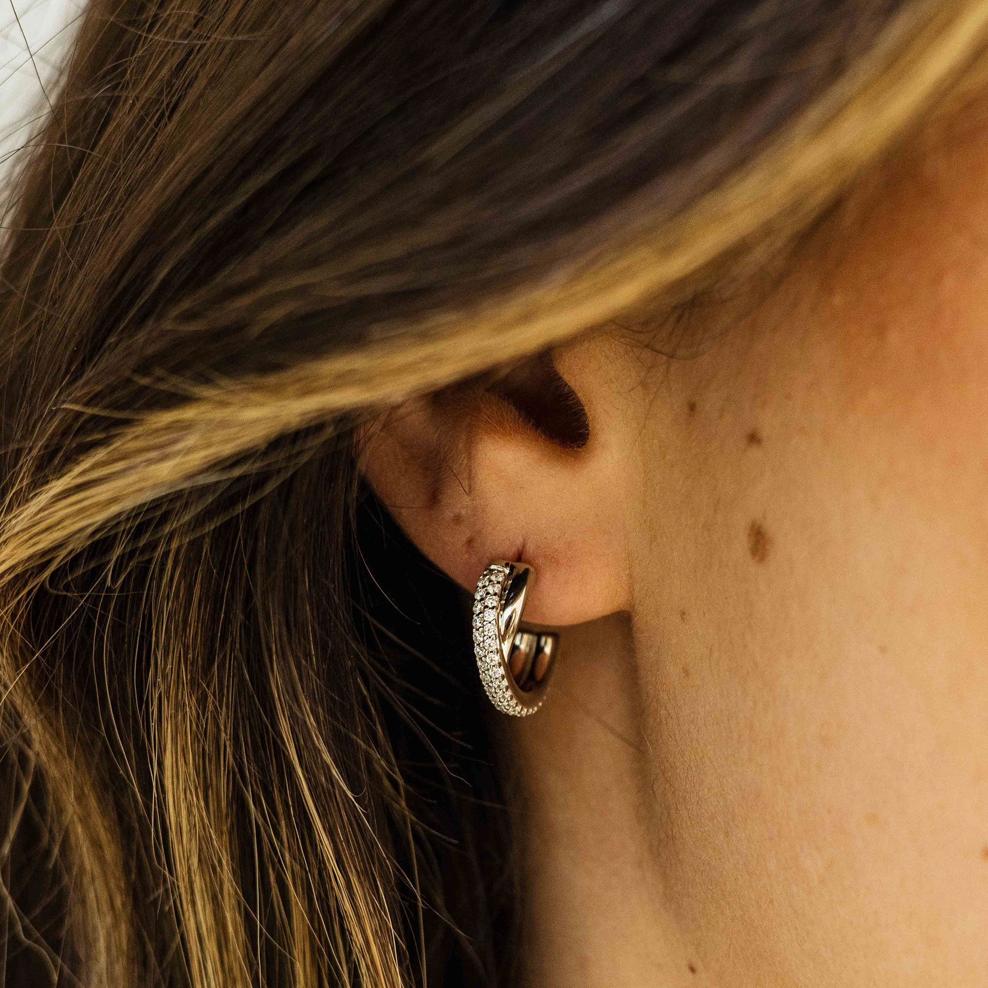 Gisser Jewels Silver Rhodium Plated Crossover Ear Studs with Stones