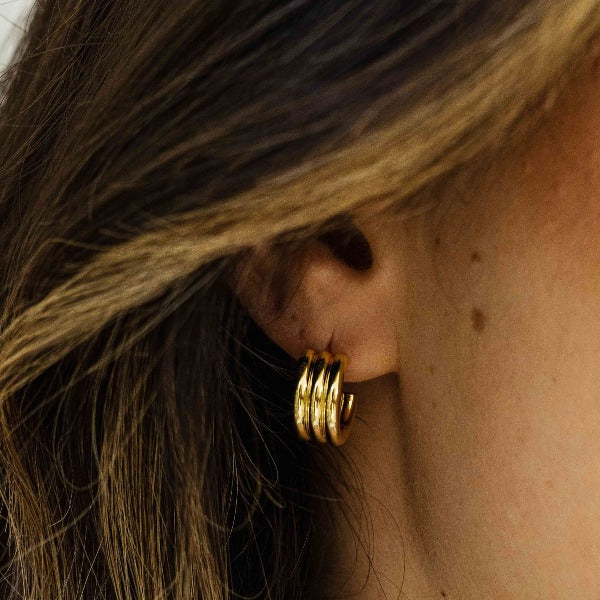 Gisser Jewels Silver Gold Plated Triple Bold Bands Stud Earrings-2