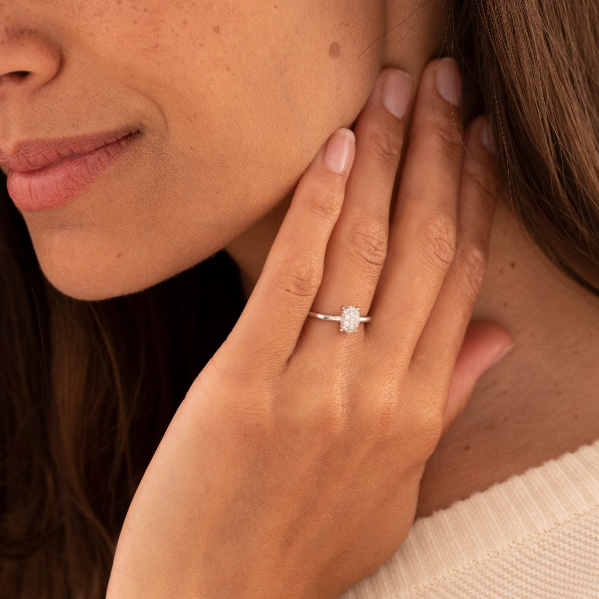 Gisser Jewels Silver Rhodium Plated Oval Pave Dashing Details Ring