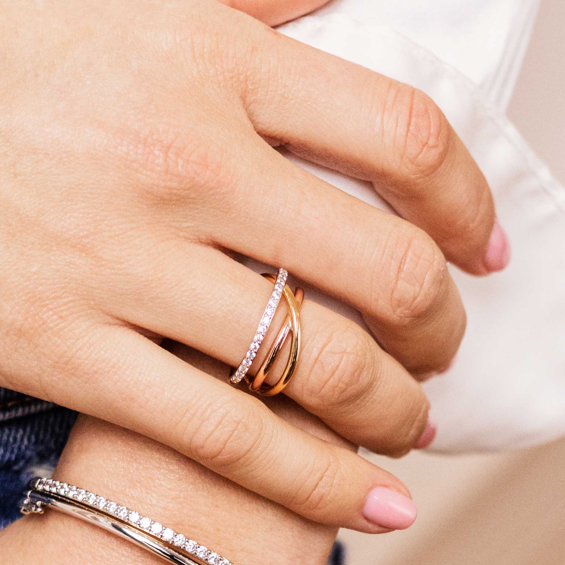 Gisser Jewels 14k Tri-Color Gold Plated Triple Crossover Pave Ring-2