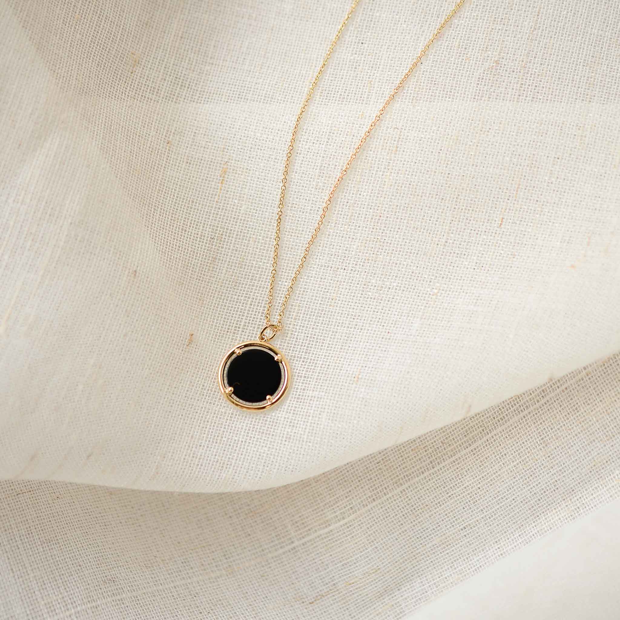 14k Gold Icon Coin Necklace Black Agate Gisser Jewels VGN020Z