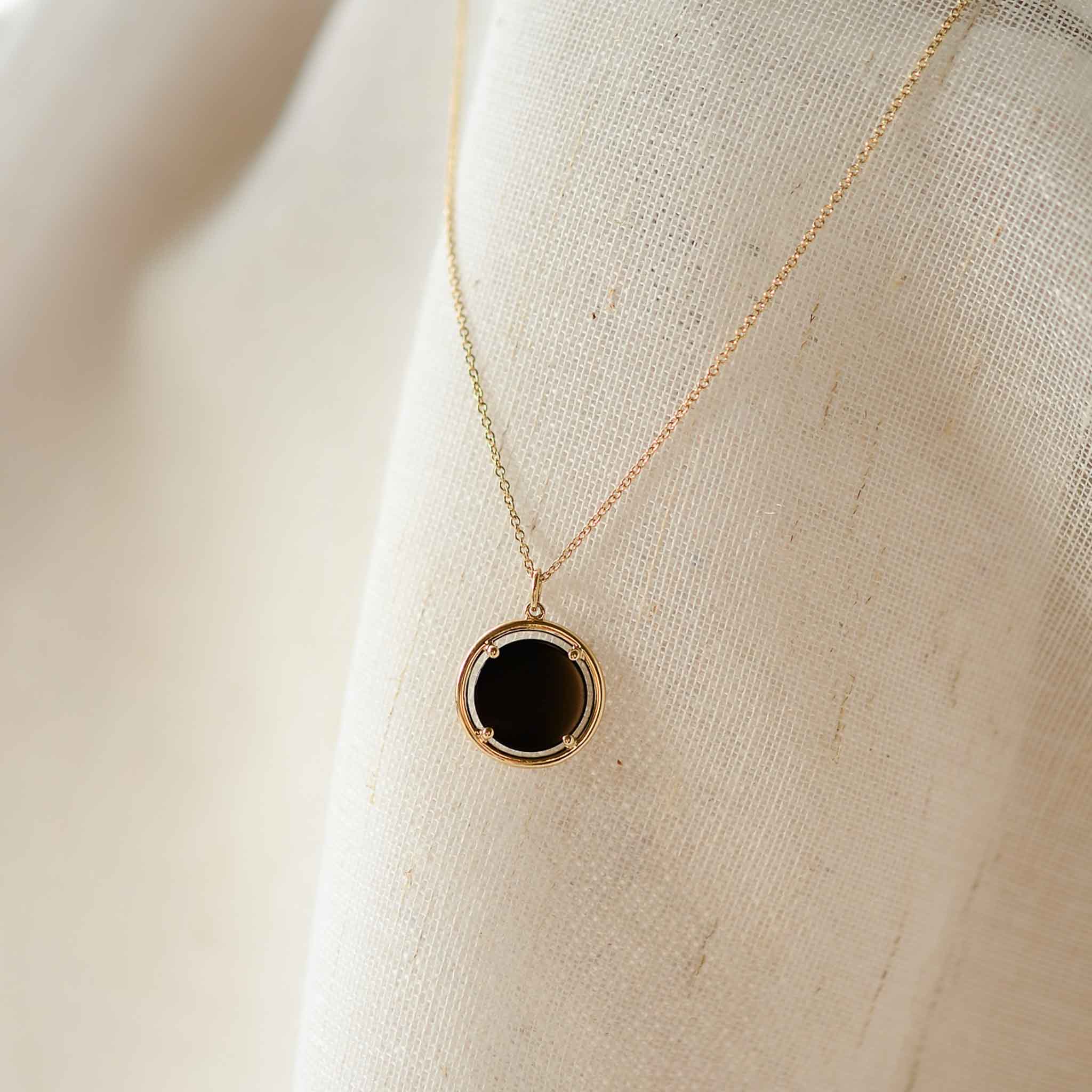 14k Gold Icon Coin Necklace Black Agate Gisser Jewels VGN020Z