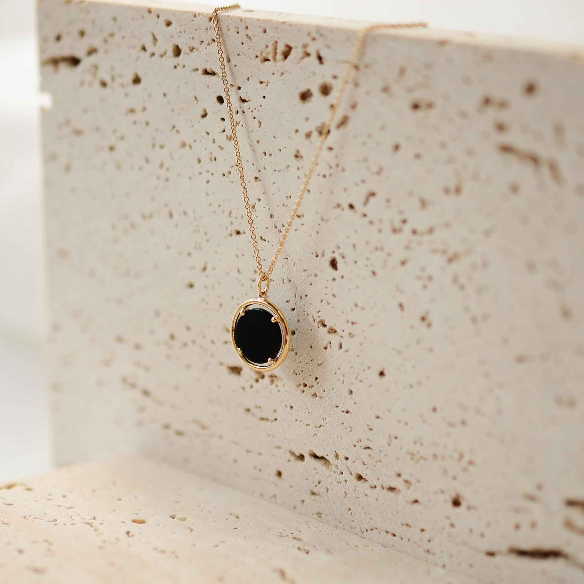 14k Gold Icon Coin Necklace Black Agate Gisser Jewels VGN020Z