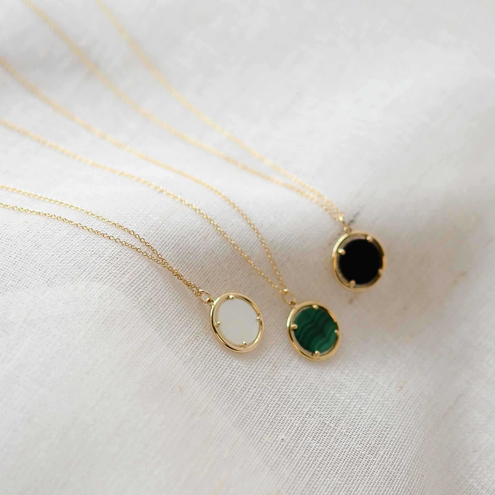14k Gold Icon Coin Necklace Black Agate Mother of Pearl Green Malachite Gisser Jewels VGN020 VGN020Z VGN020G