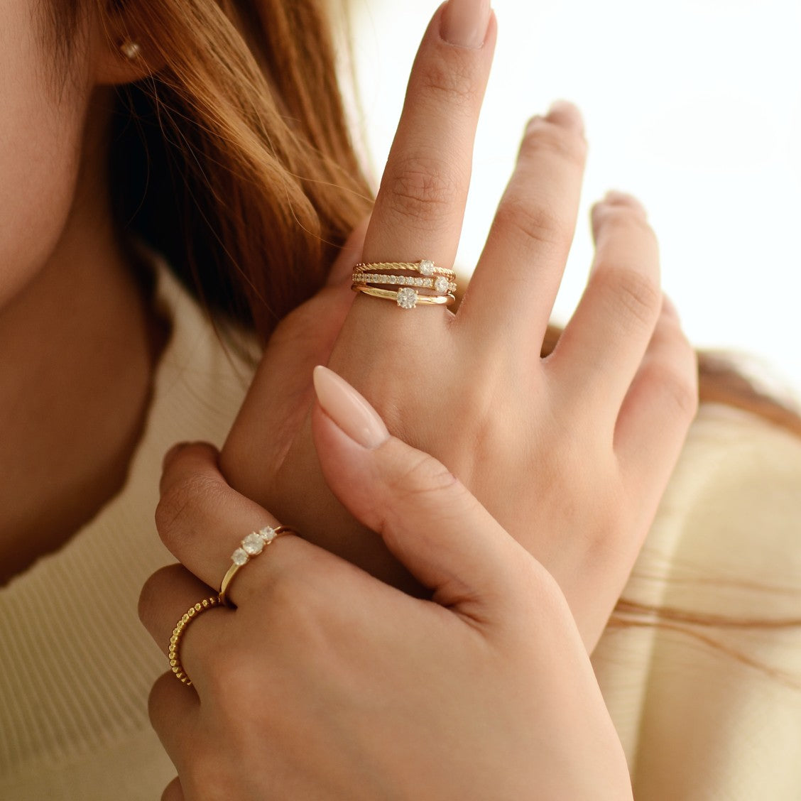 Triple Brilliant Ring Brilliant Pave Ring Beaded Stacking Ring 18k gold plated silver Gisser Jewels
